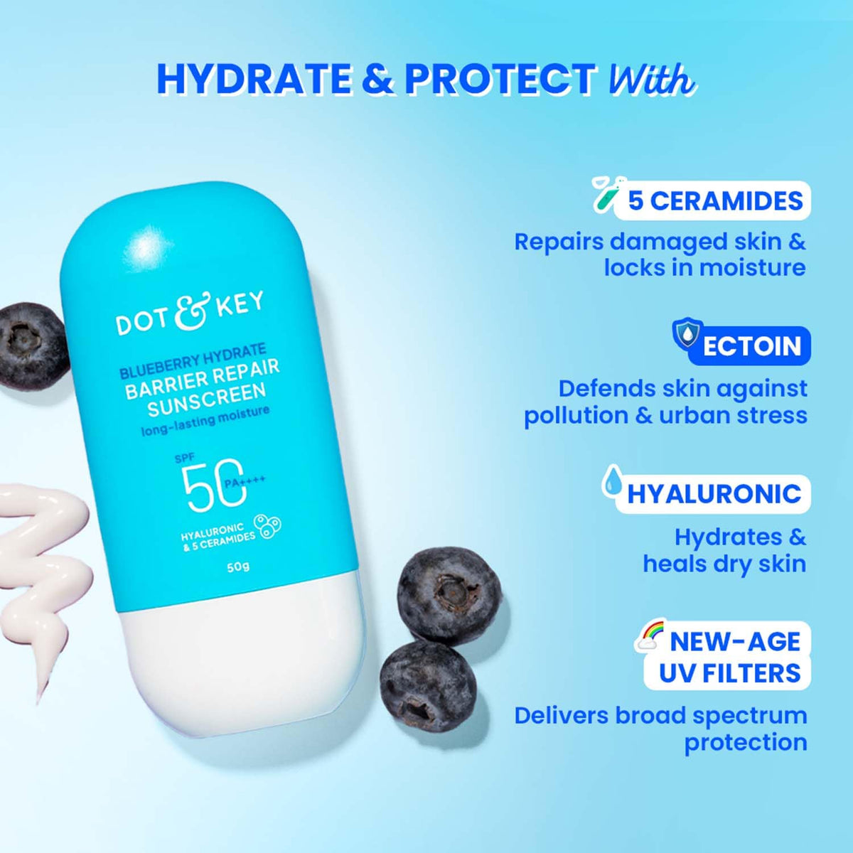 Dot & Key Blueberry Hydrate Barrier Repair Sunscreen SPF50+ With Hyaluronic And Ceramides PA+++ 50g