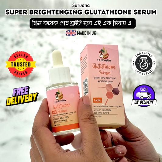 Survana Super Brightening Glutathione Serum with packaging held in hands against a blurred background